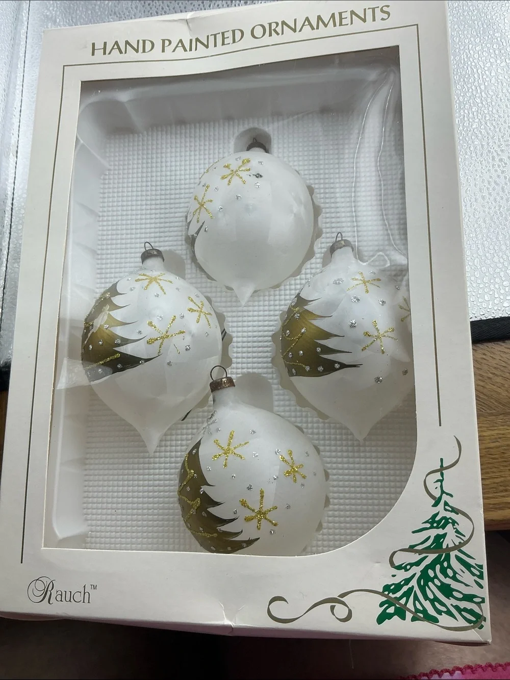 Vintage Box Set Rauch Set of 4 Hand-painted Christmas Tree Ornaments